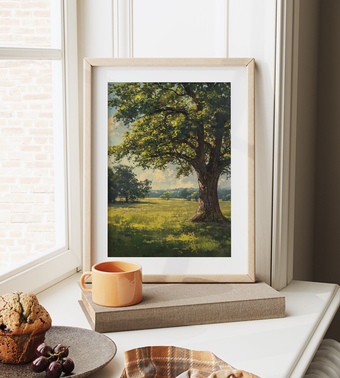 Majestic Oak Tree Sunlit Meadow Summer Shade Green Landscape Oil Poster - Image 6