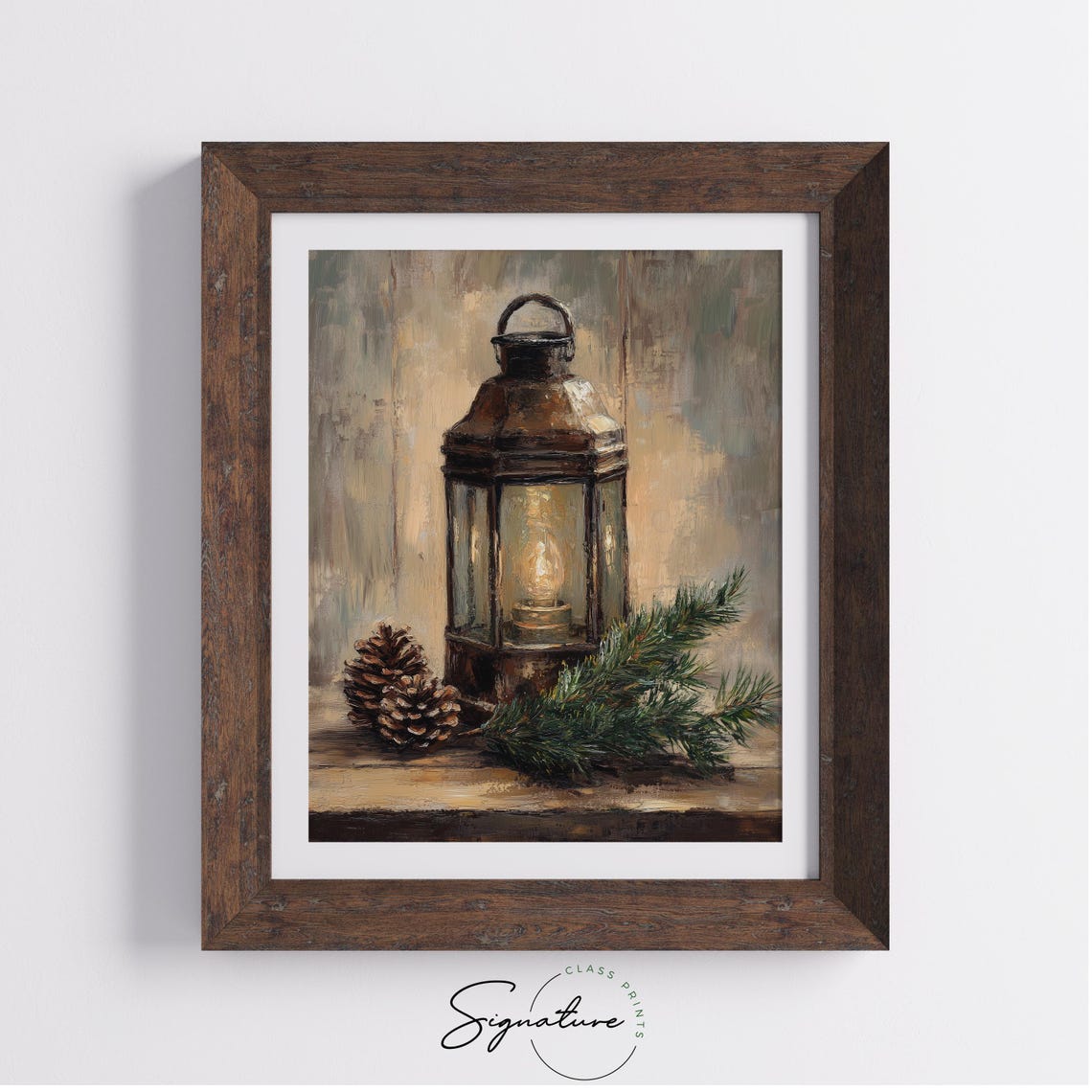 Glowing Rustic Lantern with Pinecones Winter Oil Painting Print - Image 3