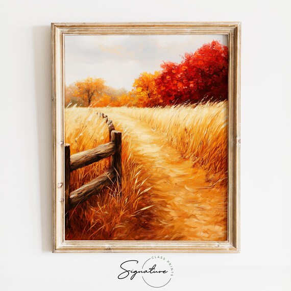 Winding Golden Wheat Path with a Wooden Fence in Autumn Poster