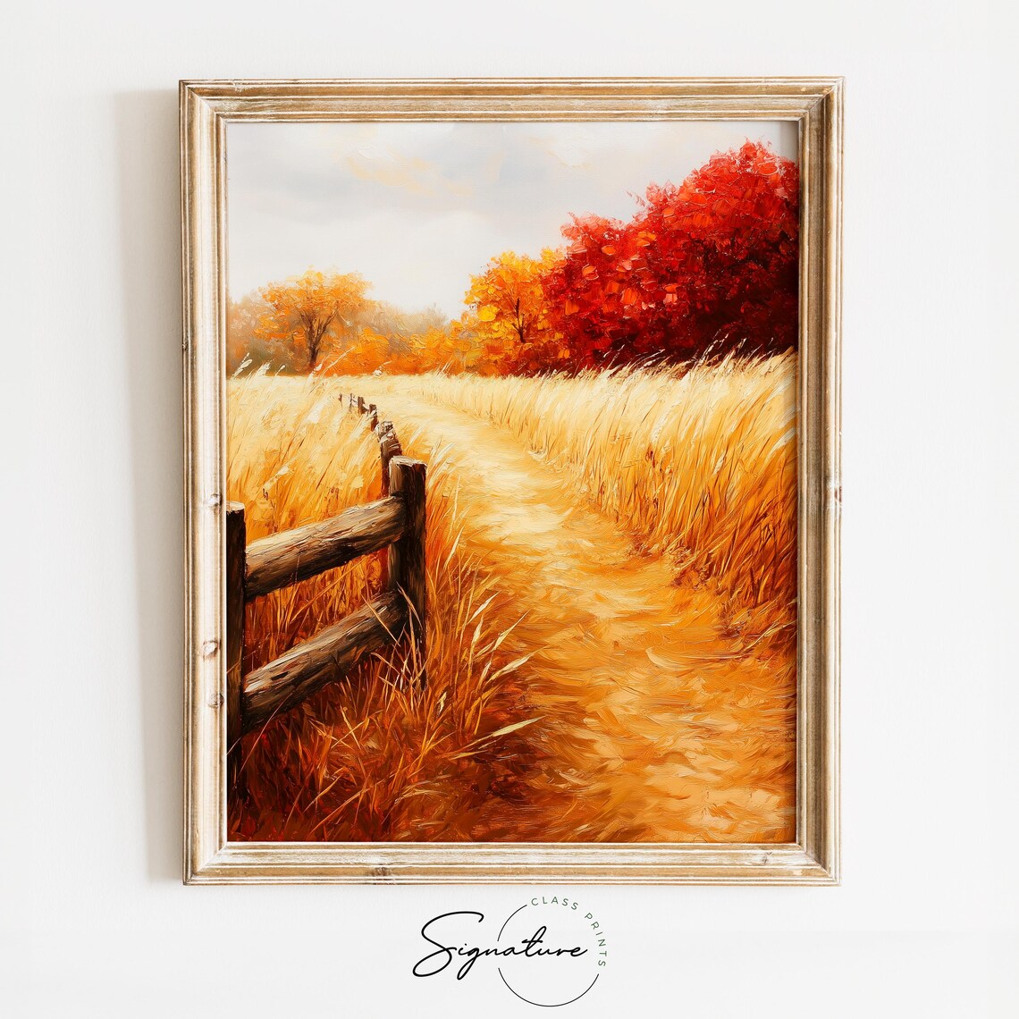 Winding Golden Wheat Path with a Wooden Fence in Autumn Poster