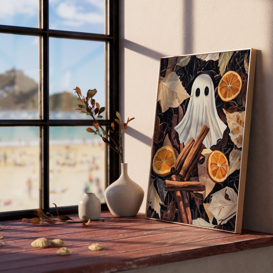 Cute Ghost Autumn Still Life Oranges Cinnamon Halloween Poster - Image 5