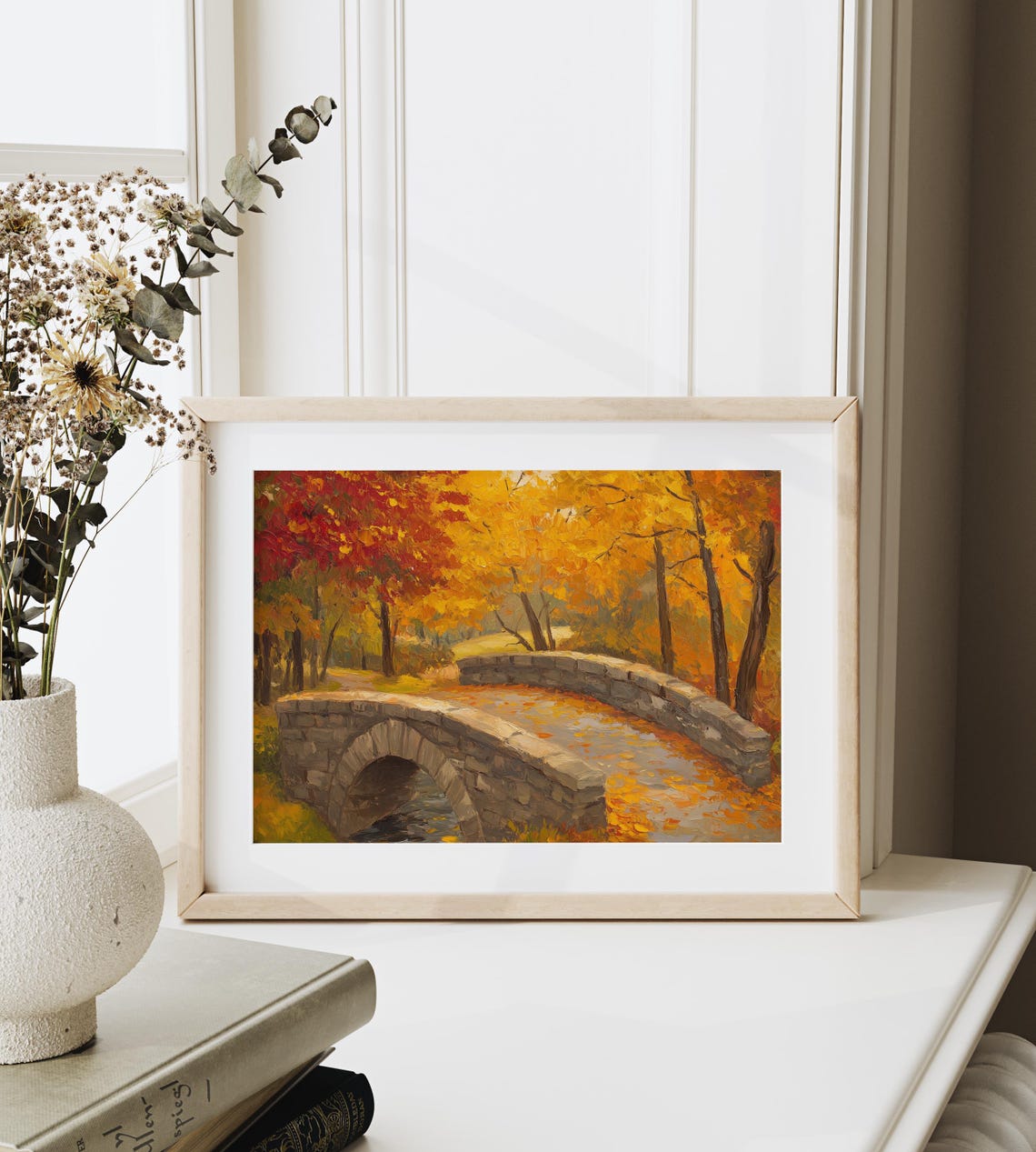 Autumn Stone Bridge Painting Red Fall Foliage Rustic Landscape Poster - Image 6