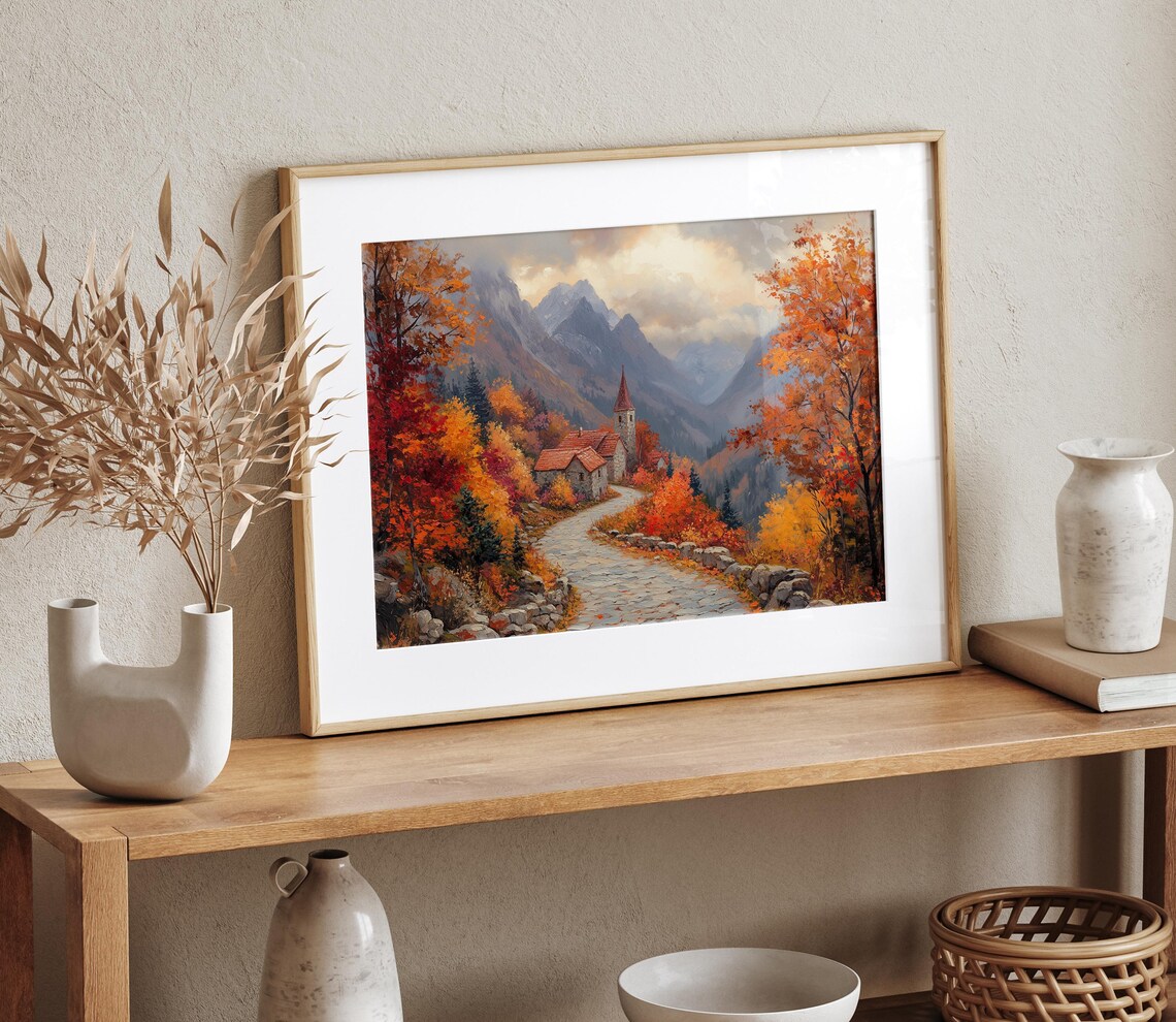 Alpine Village Chapel on Winding Cobblestone Road in Autumn Splendor Wall Art - Image 4