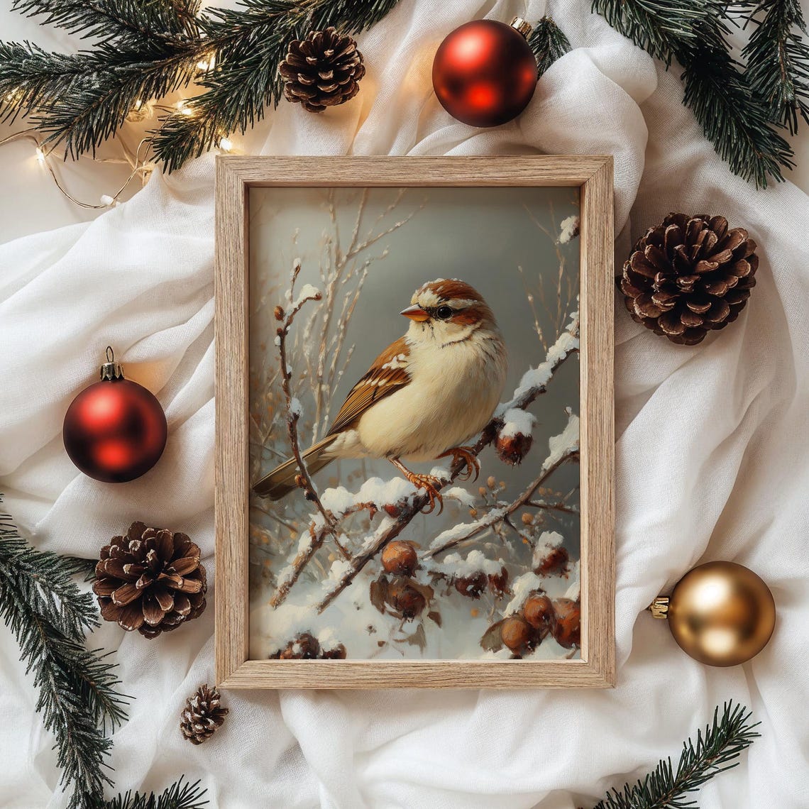 Tree Sparrow on Snowy Branch With Winter Berries Holiday Bird Poster - Image 4