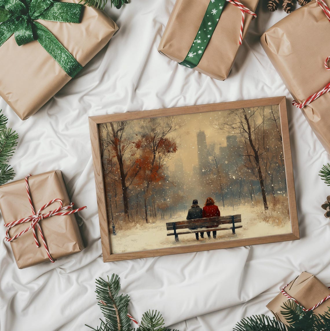 Couple On Park Bench In Falling Snow Romantic Winter Scene Poster - Image 2