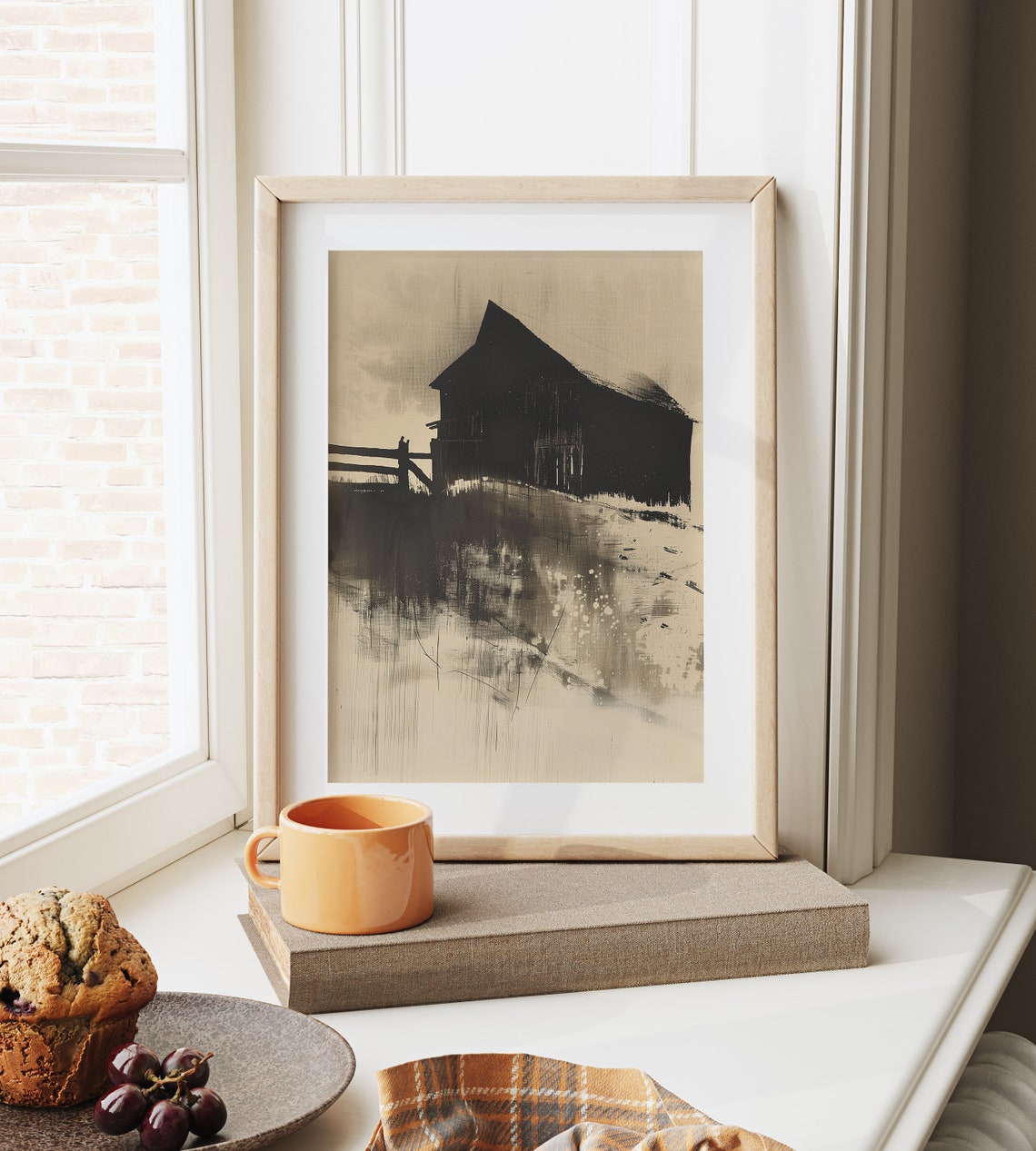 Moody Dark Barn Silhouette Standing In Rain Abstract Ink Poster - Image 6