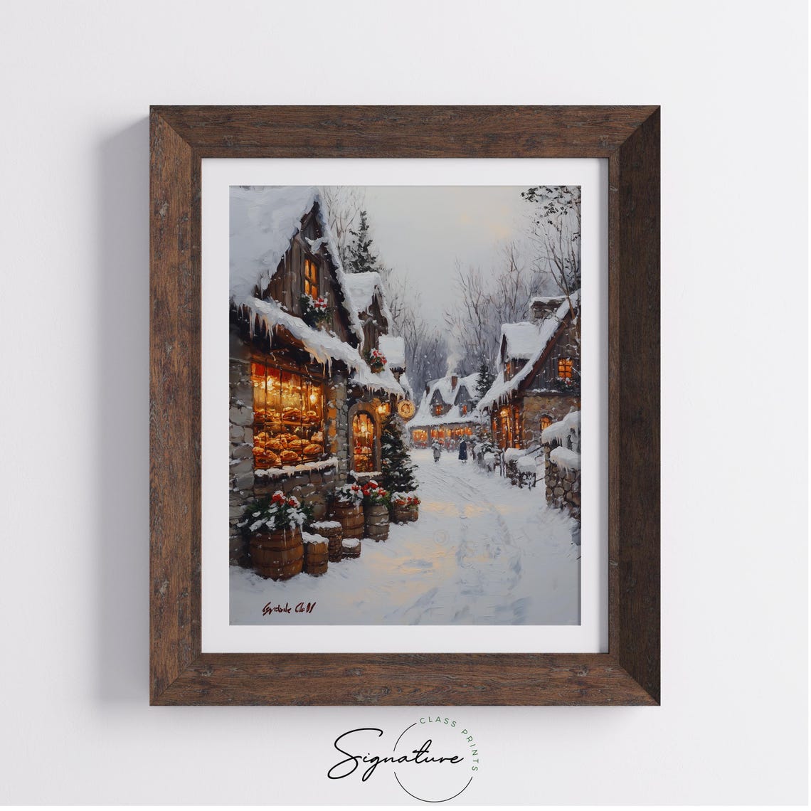 Snowy Village Bakery Street with Glowing Windows at Dusk Poster - Image 3