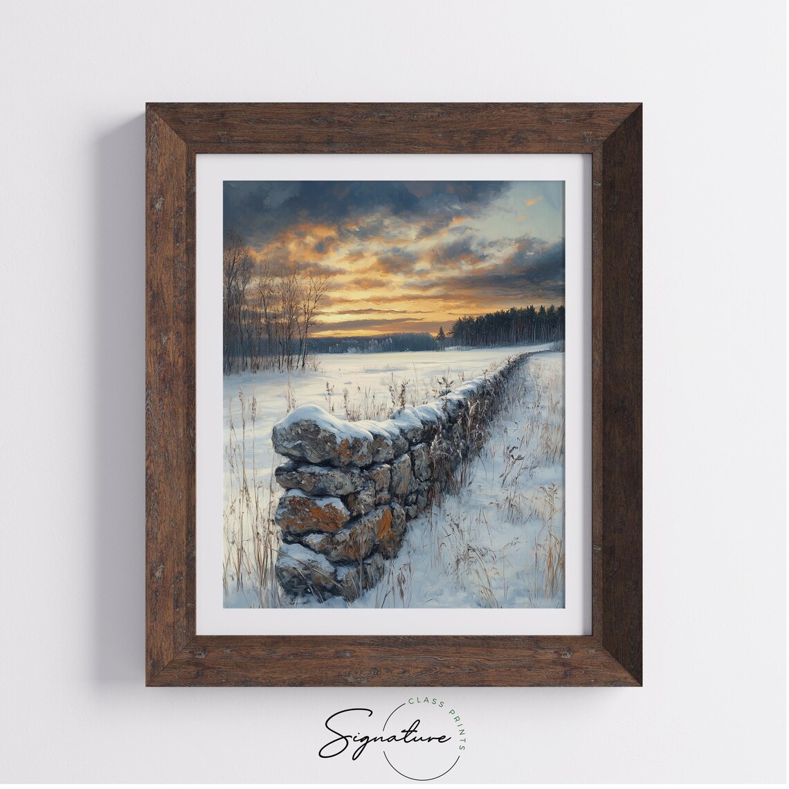 Snowy Stone Wall In A Frosty Field Under Golden Clouds Oil Painting Poster - Image 2
