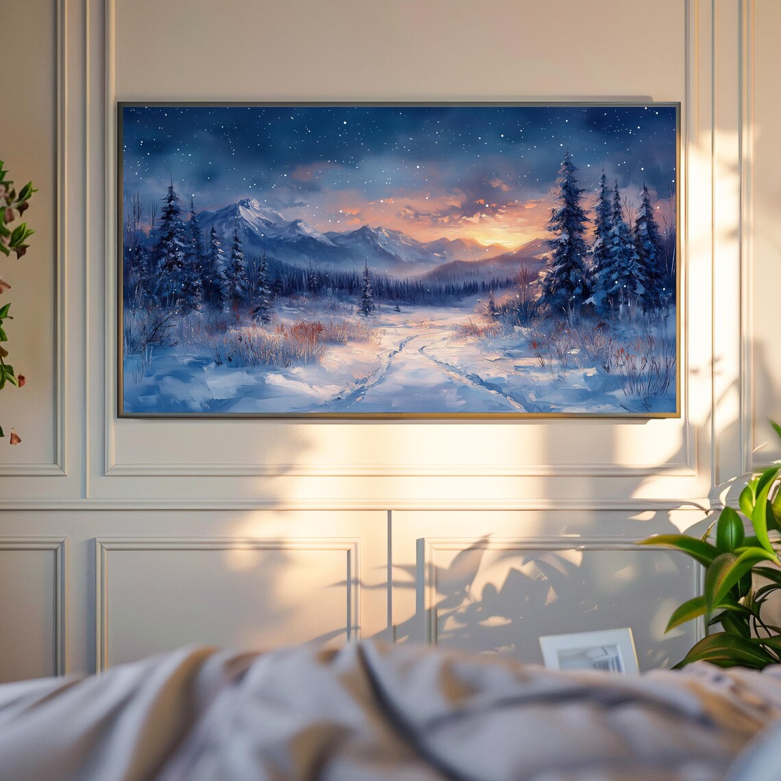 Starry Night Sky Snowy Meadow Mountains Sunset Glow Pines Winter Poster - Image 4