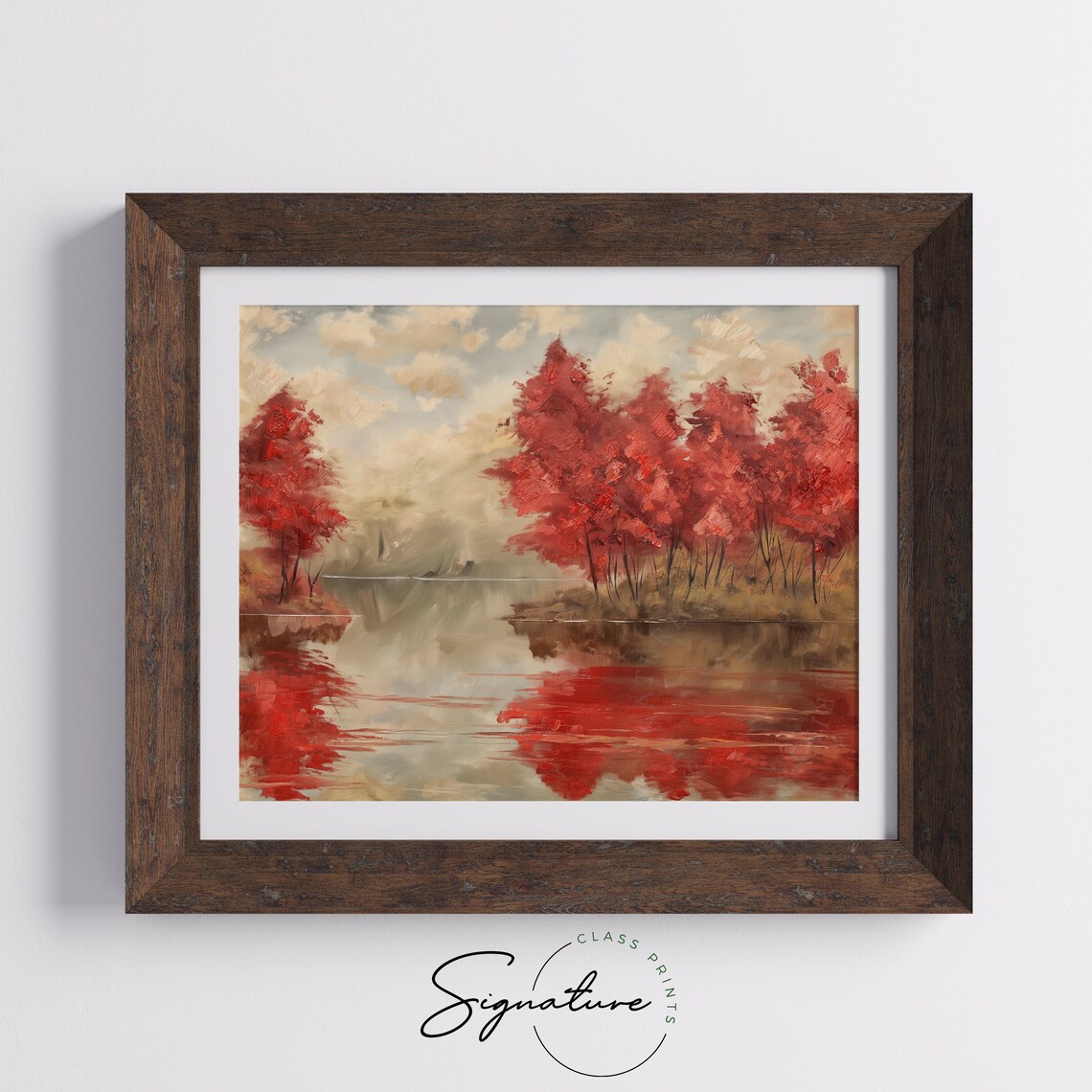 Scarlet Red Maple Trees Misty Lakeshore Tranquil Autumn Poster - Image 5