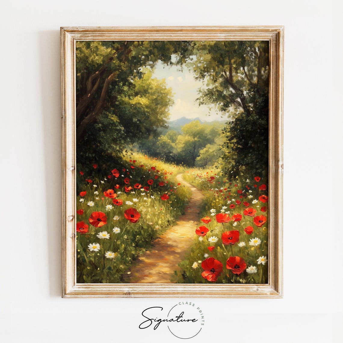 Sunlit Path Red Poppies Wildflowers Green Forest Summer Poster