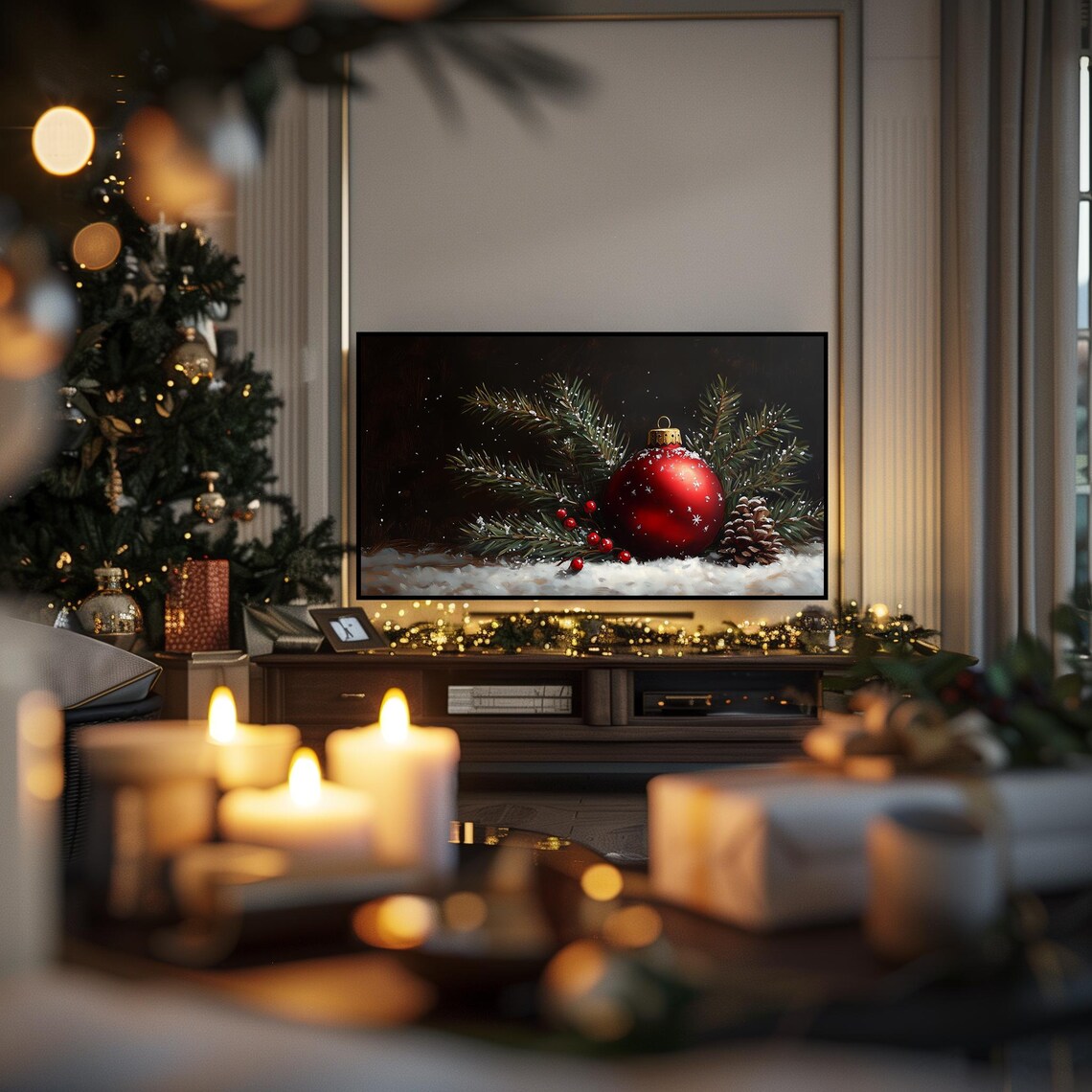 Red Christmas Ornament With Snow Among Pine Branches Holiday Poster - Image 6