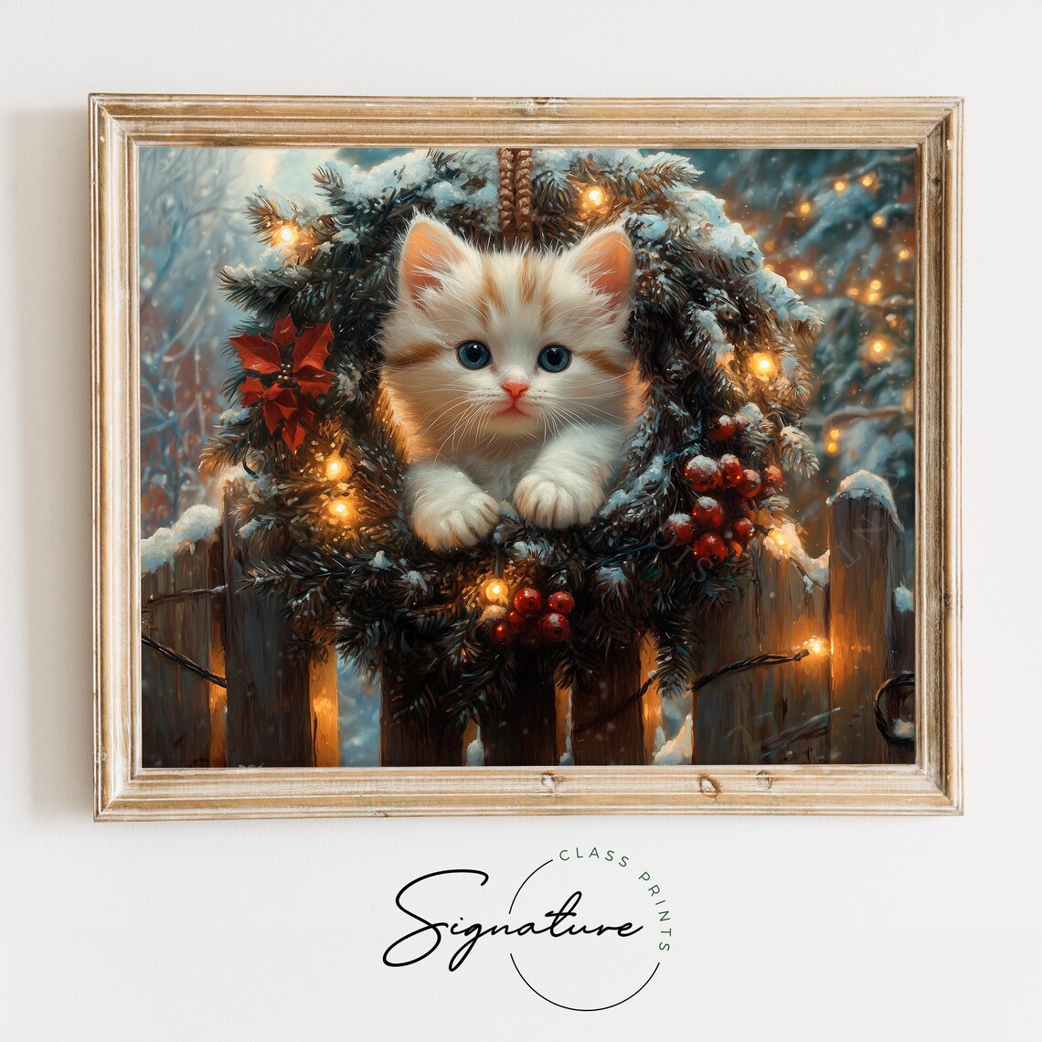 White Kitten Nestled in a Lit Christmas Wreath on Wooden Fence Poster