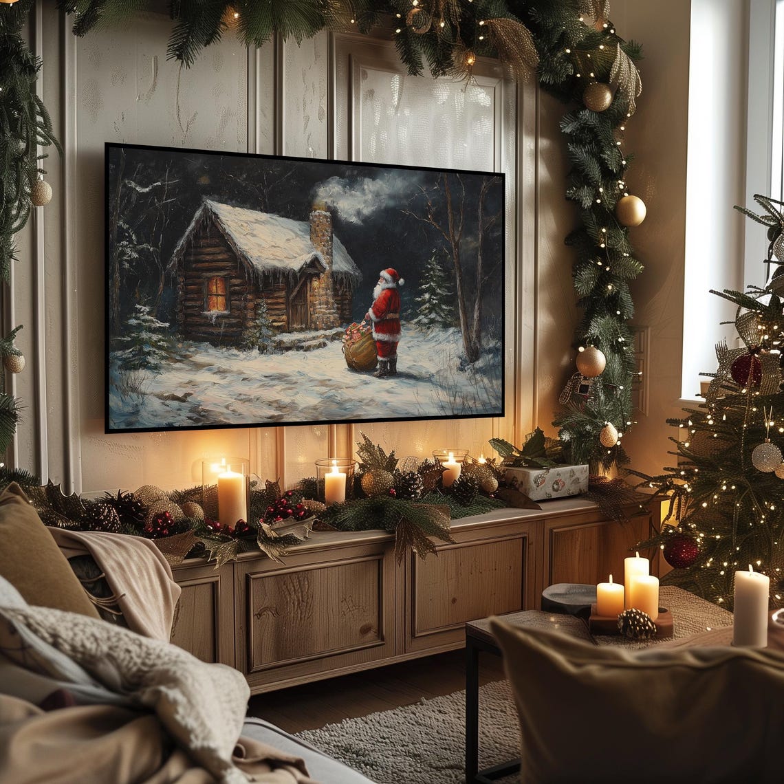 Santa Visiting Snowy Log Cabin Night Christmas Gift Sack Poster - Image 3