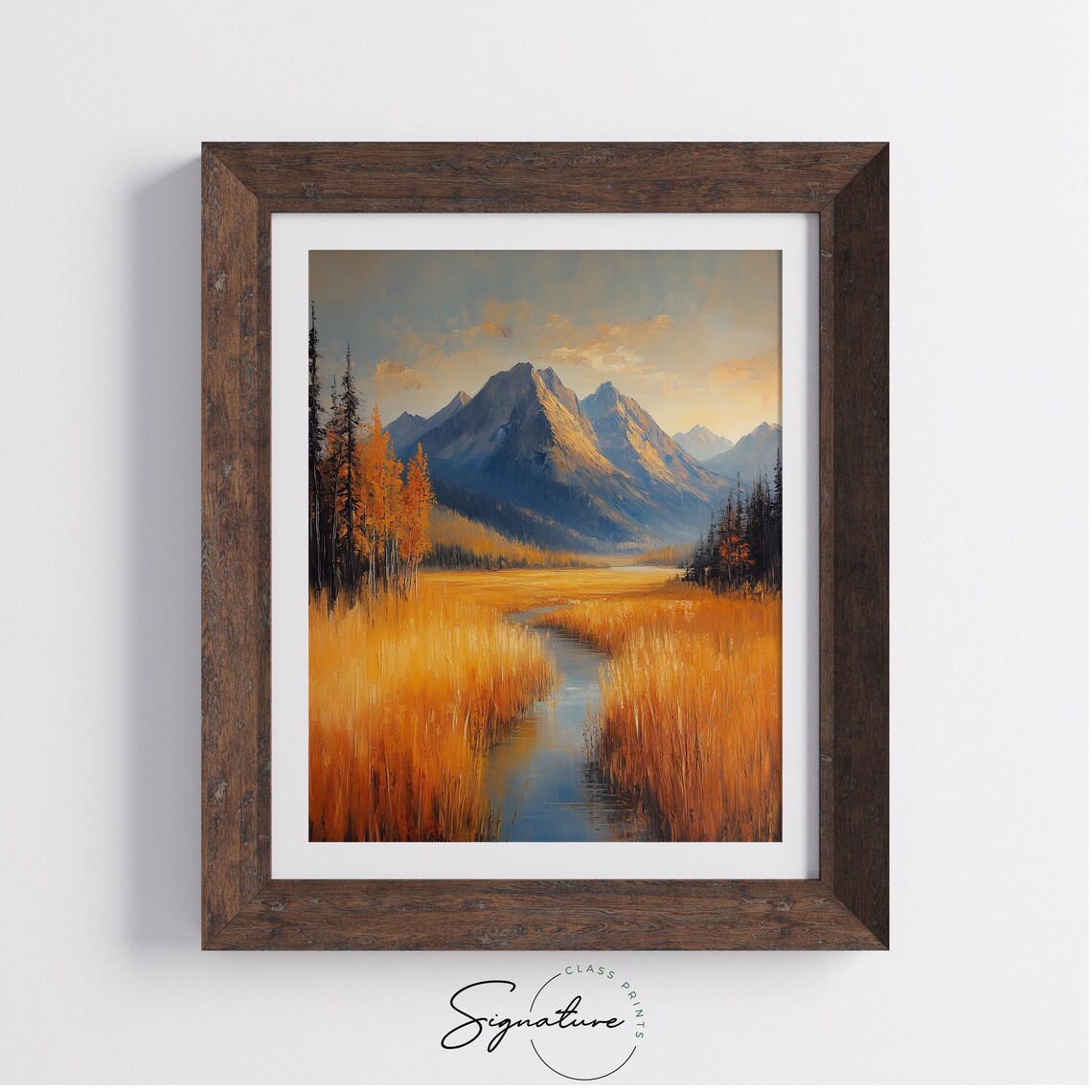 Golden Meadow Stream Leading To Blue Autumn Mountains Scenic Poster - Image 4