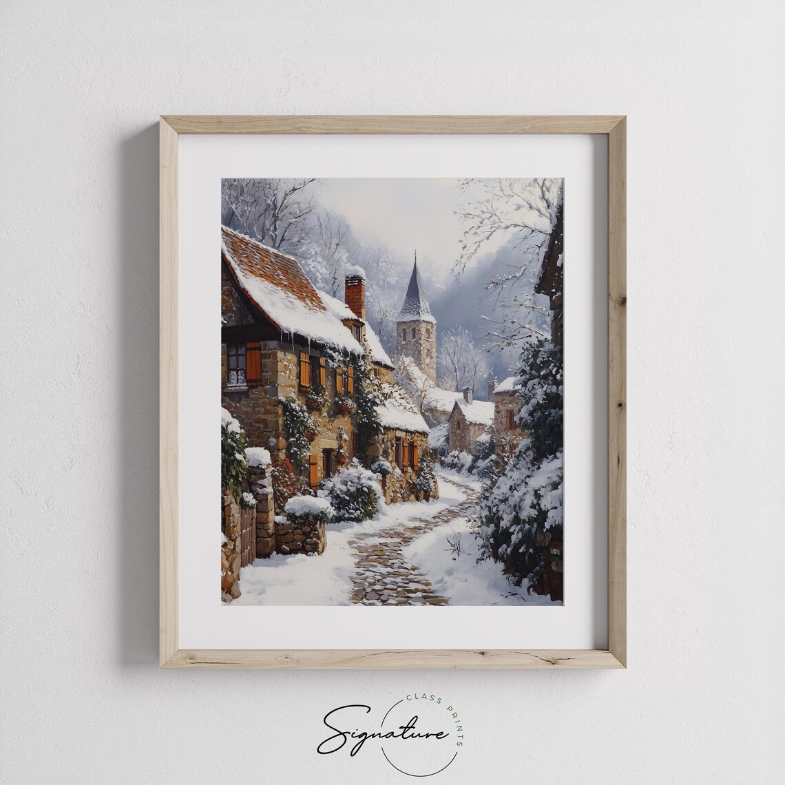 Snowy European Village Street with Church Spire Winter Poster - Image 2