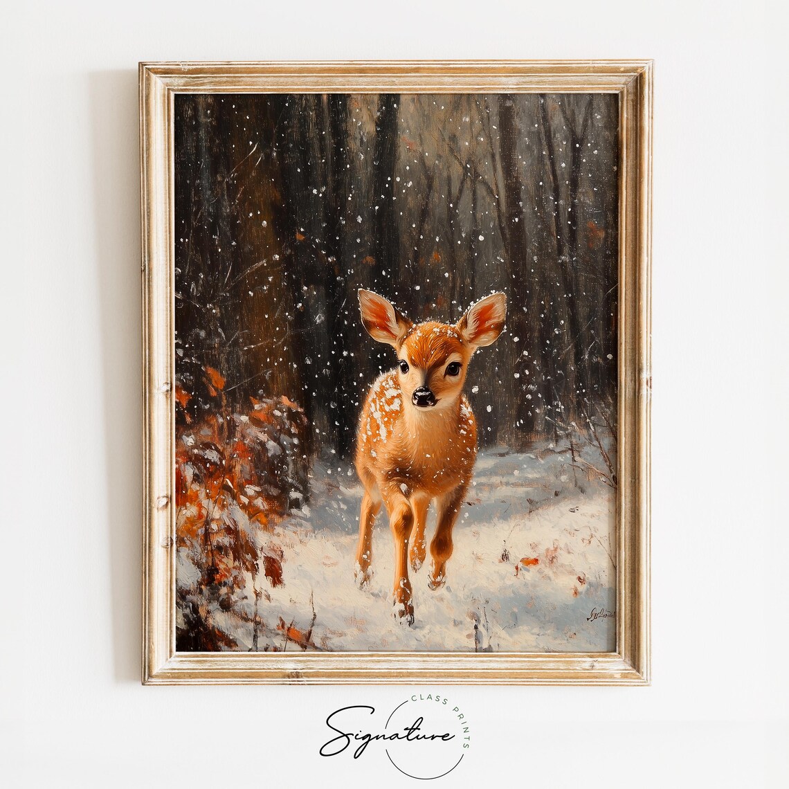 Fawn Walking in Falling Snow Winter Forest Oil Painting Print