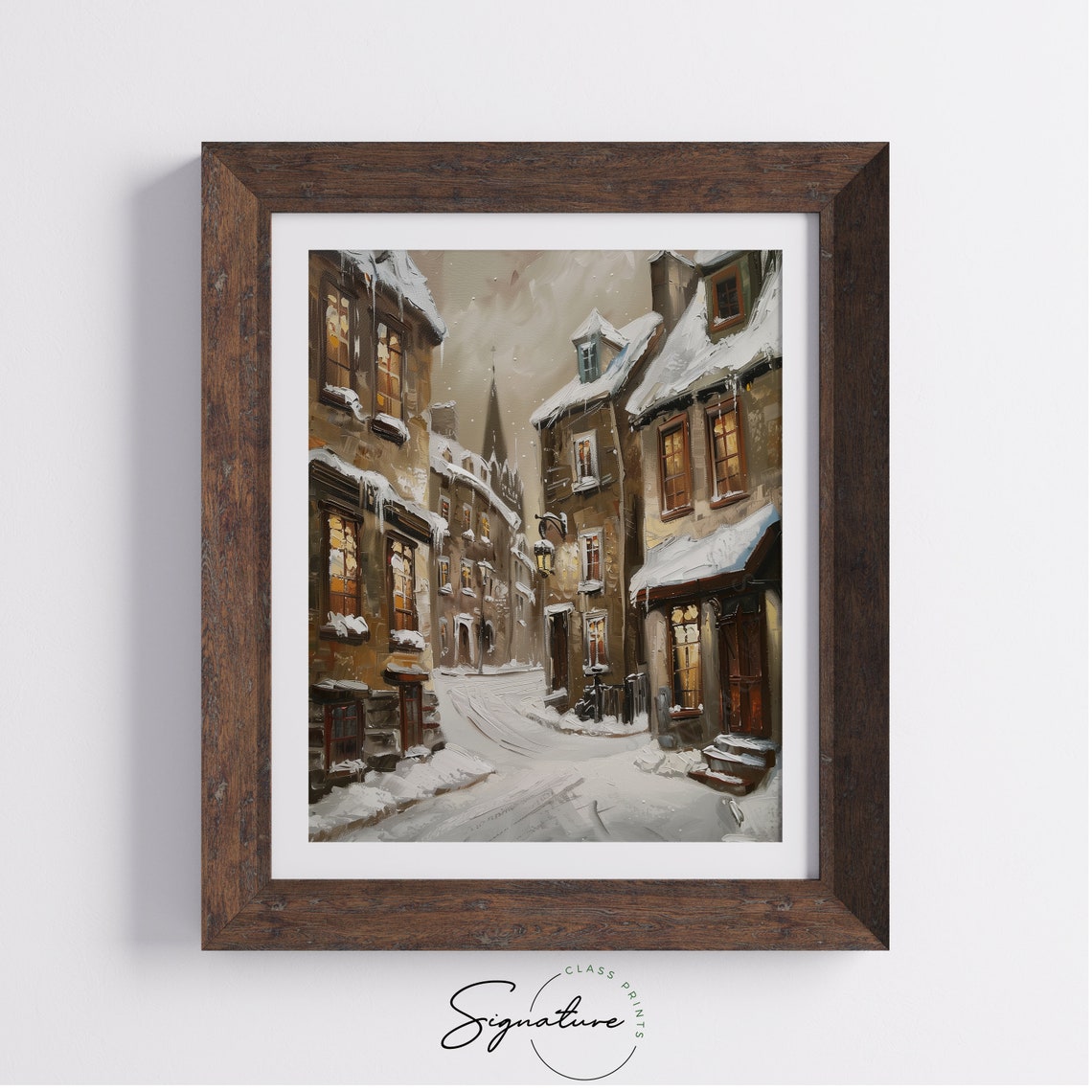 Snowy Old Town Street at Dusk with Warm Glowing Windows Poster - Image 4