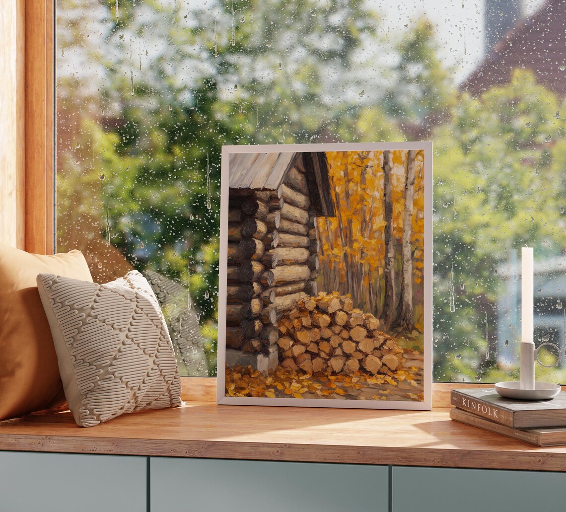 Log Cabin Firewood Pile Golden Birch Trees Autumn Woods Poster - Image 2