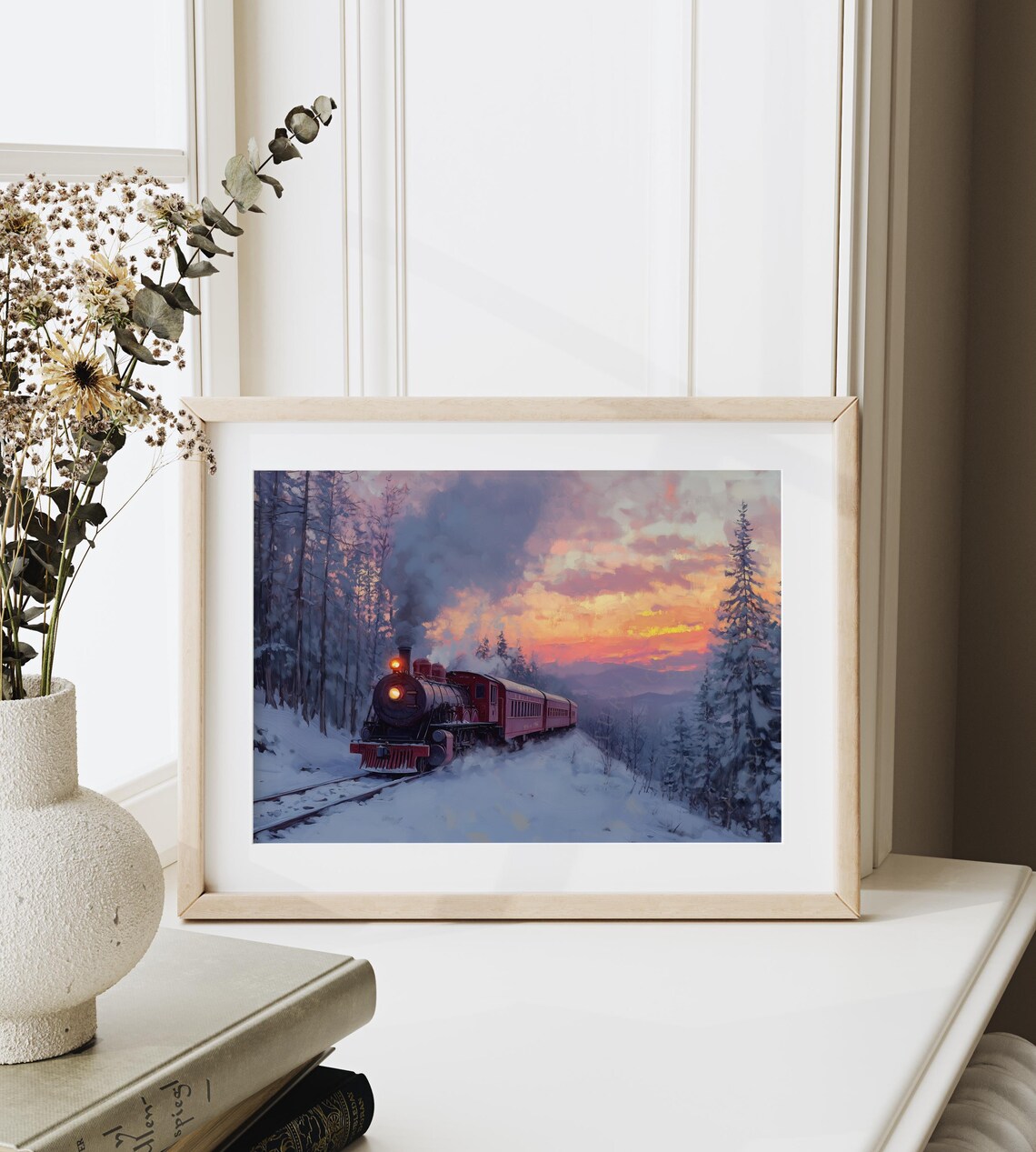 Vintage Steam Train Crossing Snowy Mountains At Sunset Art Poster - Image 6