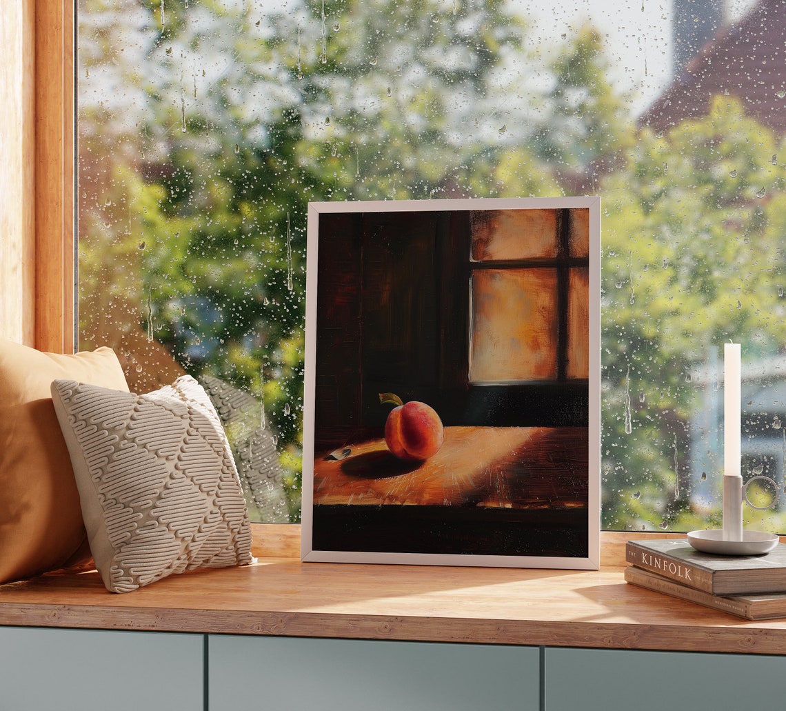Single Peach By Sunlit Window Rustic Kitchen Still Life Poster - Image 2
