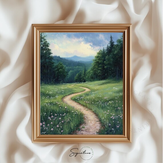 Winding Path Through Green Meadow To Pine Forest Landscape Painting