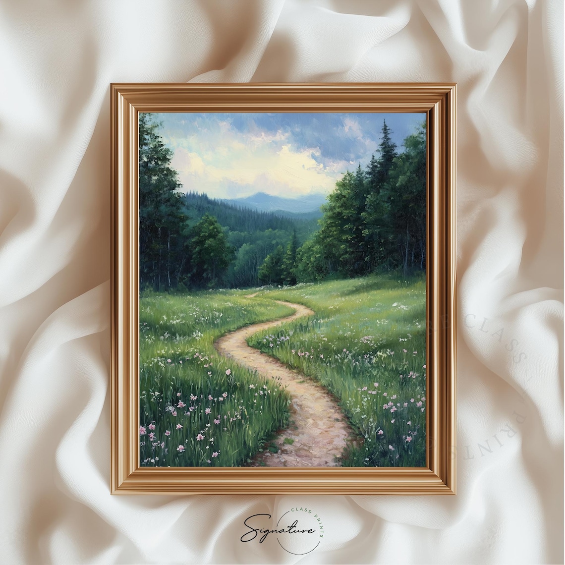 Winding Path Through Green Meadow To Pine Forest Landscape Painting