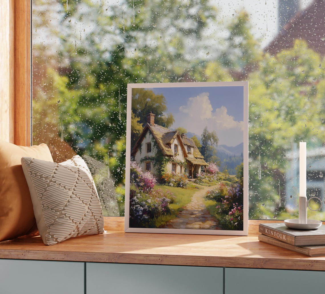 White Thatched Cottage Flower Garden Mountain View Summer Poster - Image 2