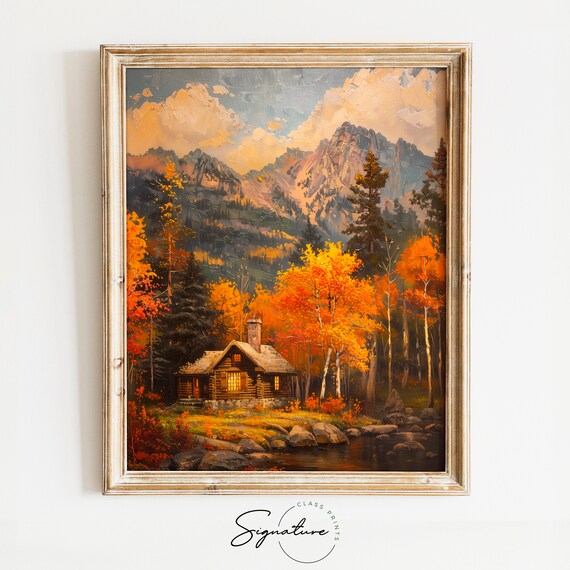 Cozy Log Cabin In Autumn Forest Beneath Rugged Mountain Peaks Poster