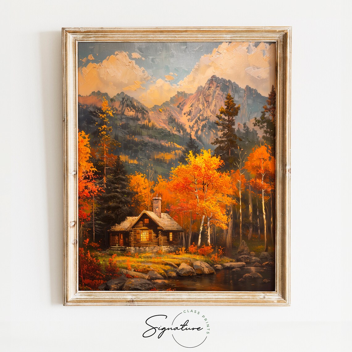 Cozy Log Cabin In Autumn Forest Beneath Rugged Mountain Peaks Poster