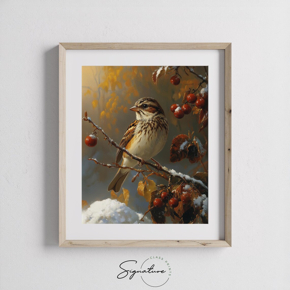 Sparrow on a Snowy Berry Branch With Golden Autumn Leaves Poster - Image 2