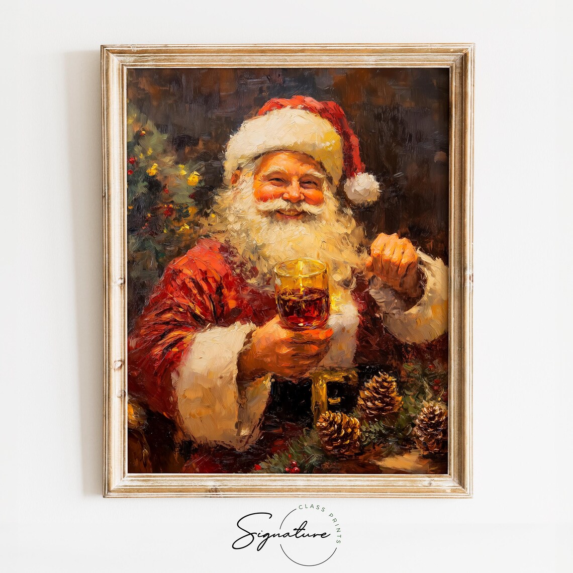 Smiling Santa Claus Holding Hot Drink Christmas Oil Painting Print
