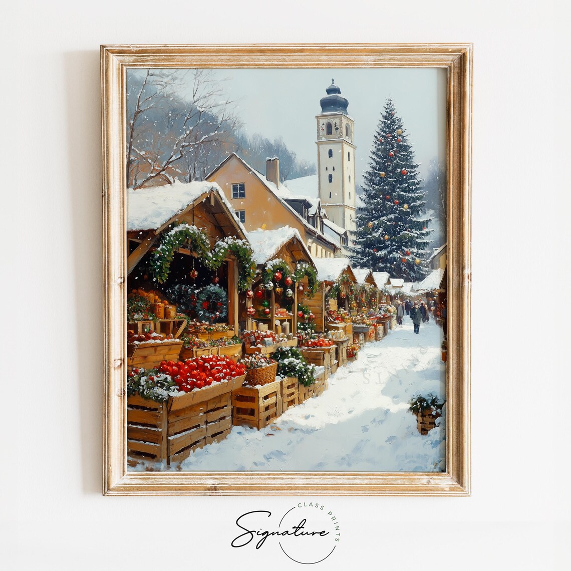 Snowy Christmas Market with Church Tower Stalls and Tree Poster