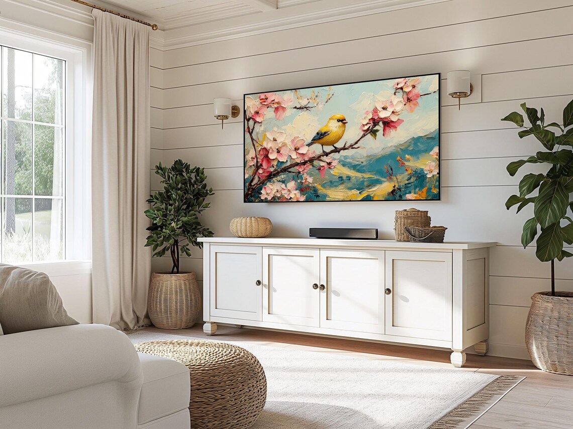 Yellow Finch On Cherry Blossom Branch Above Turquoise Hills Poster - Image 3