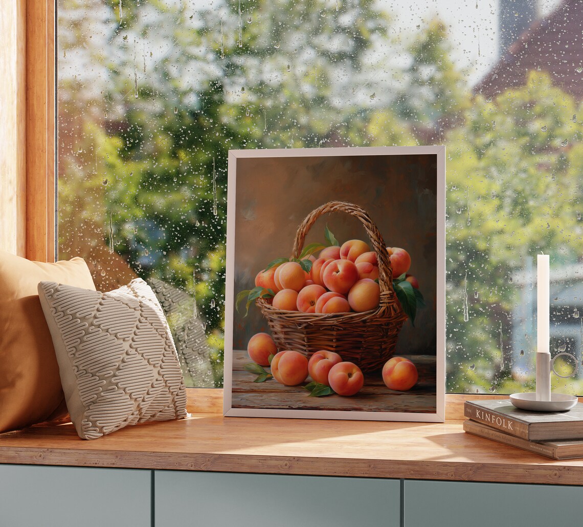 Wicker Basket of Ripe Peaches Rustic Fruit Still Life Poster - Image 2