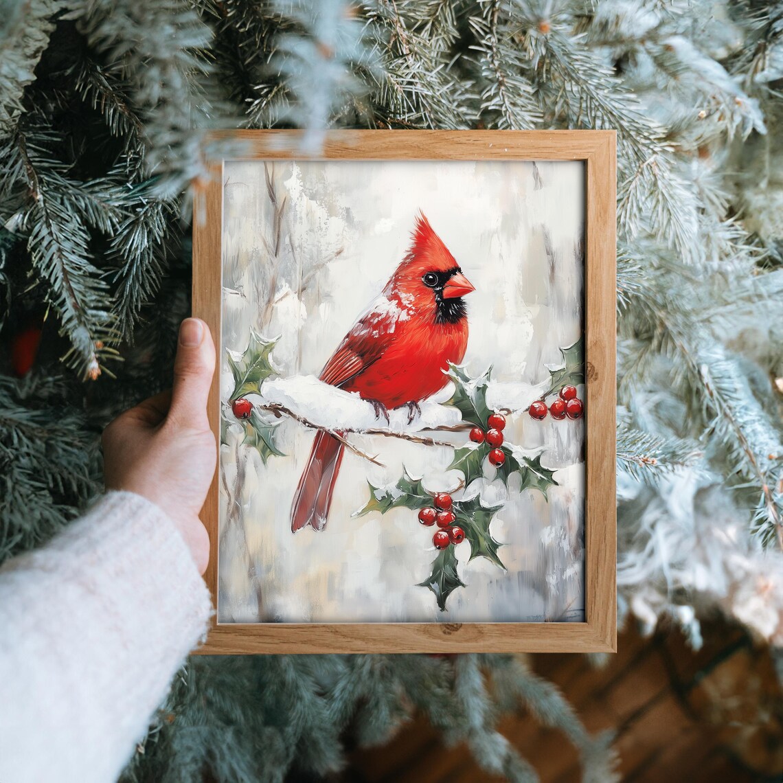 Red Cardinal on Snowy Branch Christmas Bird Art - Image 6