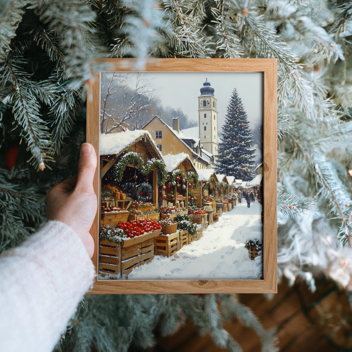 Snowy Market With Wooden Stalls In Winter Village Rustic Christmas Wall Art Holiday Market Scene Country Painting 2599 - Image 6