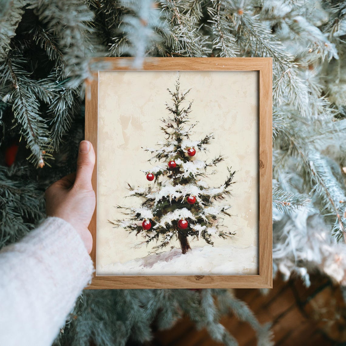 Snowy Christmas Tree with Red Ornaments Minimal Painting Poster - Image 6