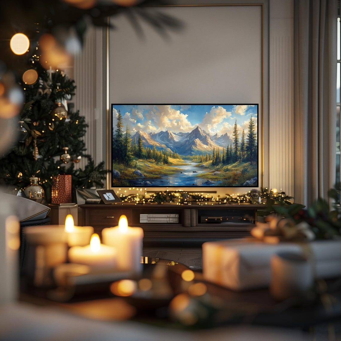 Alpine Mountain River Winding Through Pine Forest Frame TV Wall Art - Image 3