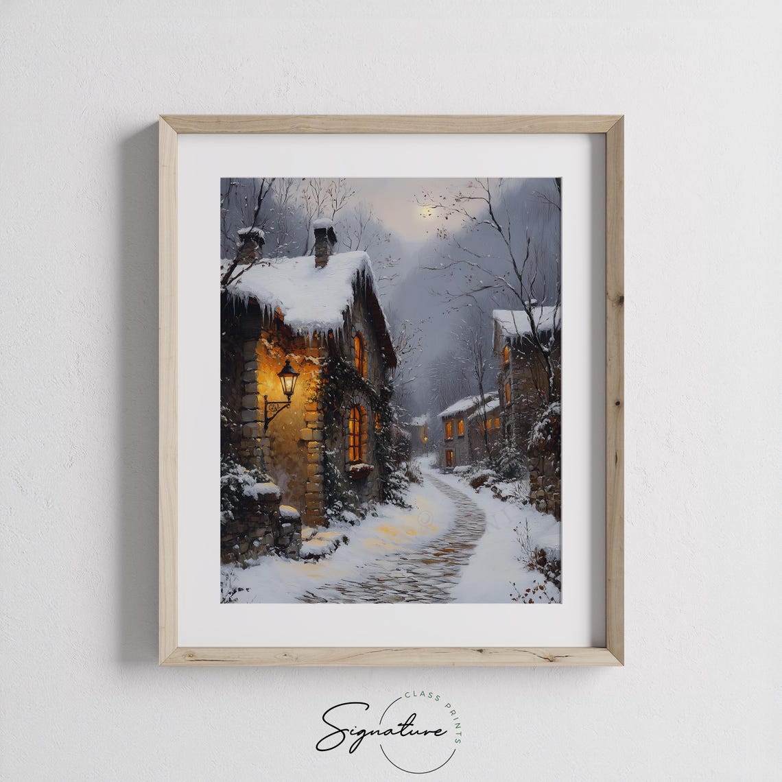Snowy Stone Cottage Lane at Dusk with Glowing Lantern Poster - Image 2