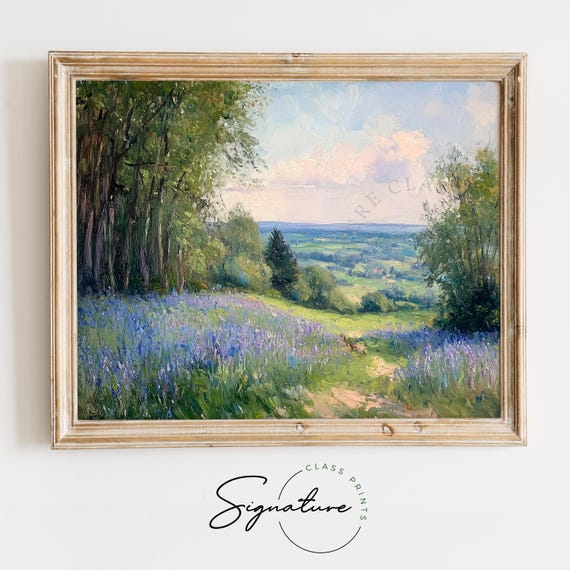 Moody Autumn Lake Landscape With Bluebells Painting Secluded Cornwall Coastal Fall Decor Earthy Cottagecore Wall Art Cozy Homes 1310