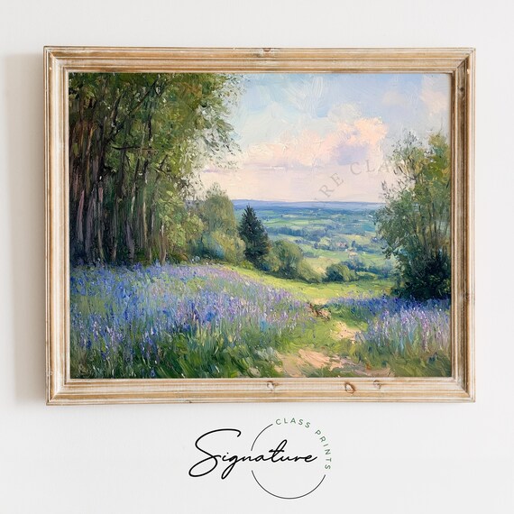 Moody Bluebell Meadow Valley Overlook Dusk Wildflower Art Poster