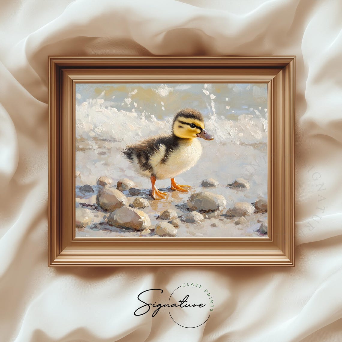 Baby Duckling Stepping on Pebbles Water Edge Spring Wildlife Painting