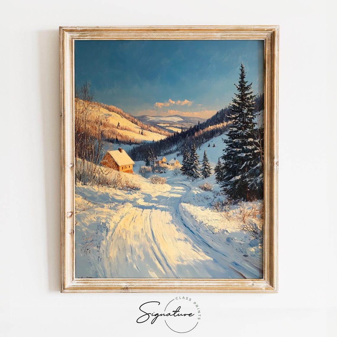Golden Hour Glow On Snowy Mountain Road With Rustic Cabin Poster
