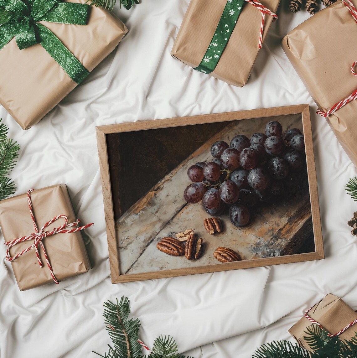Still Life of Dark Grapes and Pecans Rustic Oil Painting Print - Image 2