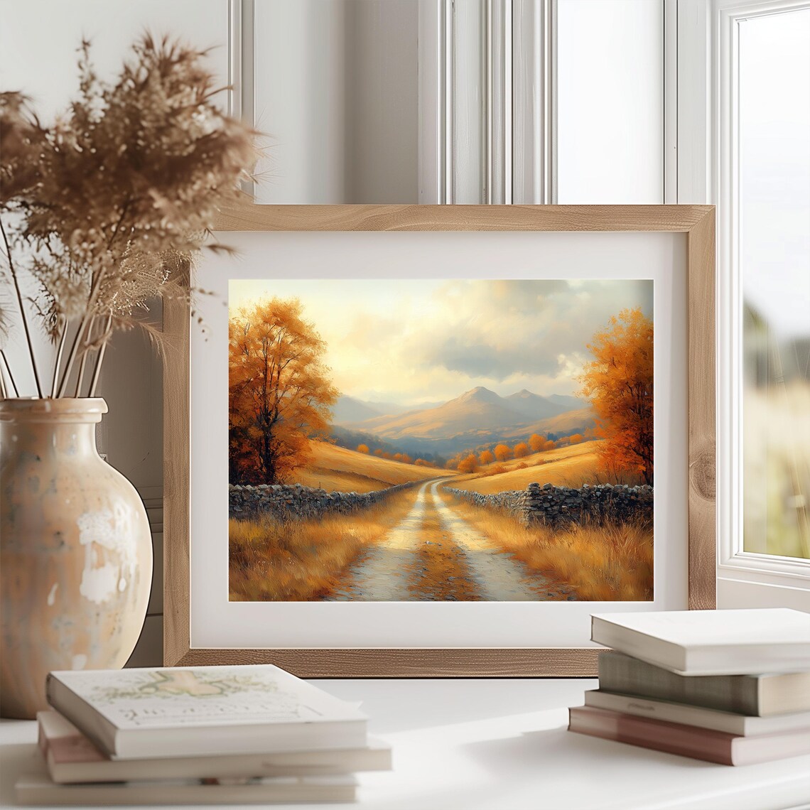 Autumn Country Road With Stone Walls Leading to Golden Mountains Wall Art - Image 2