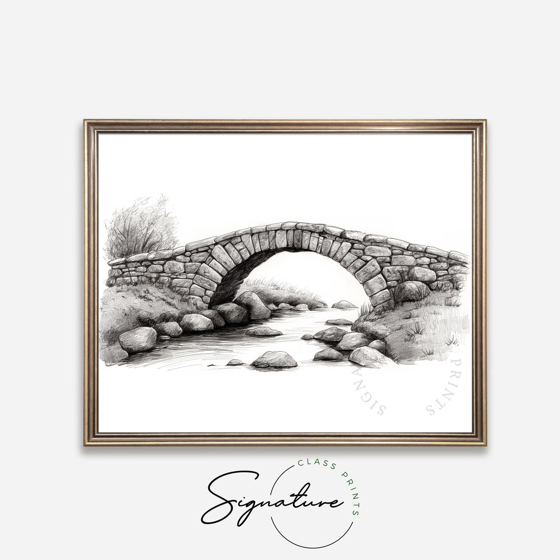 Old Stone Arch Bridge Over Stream Pencil Sketch Landscape Poster - Image 4