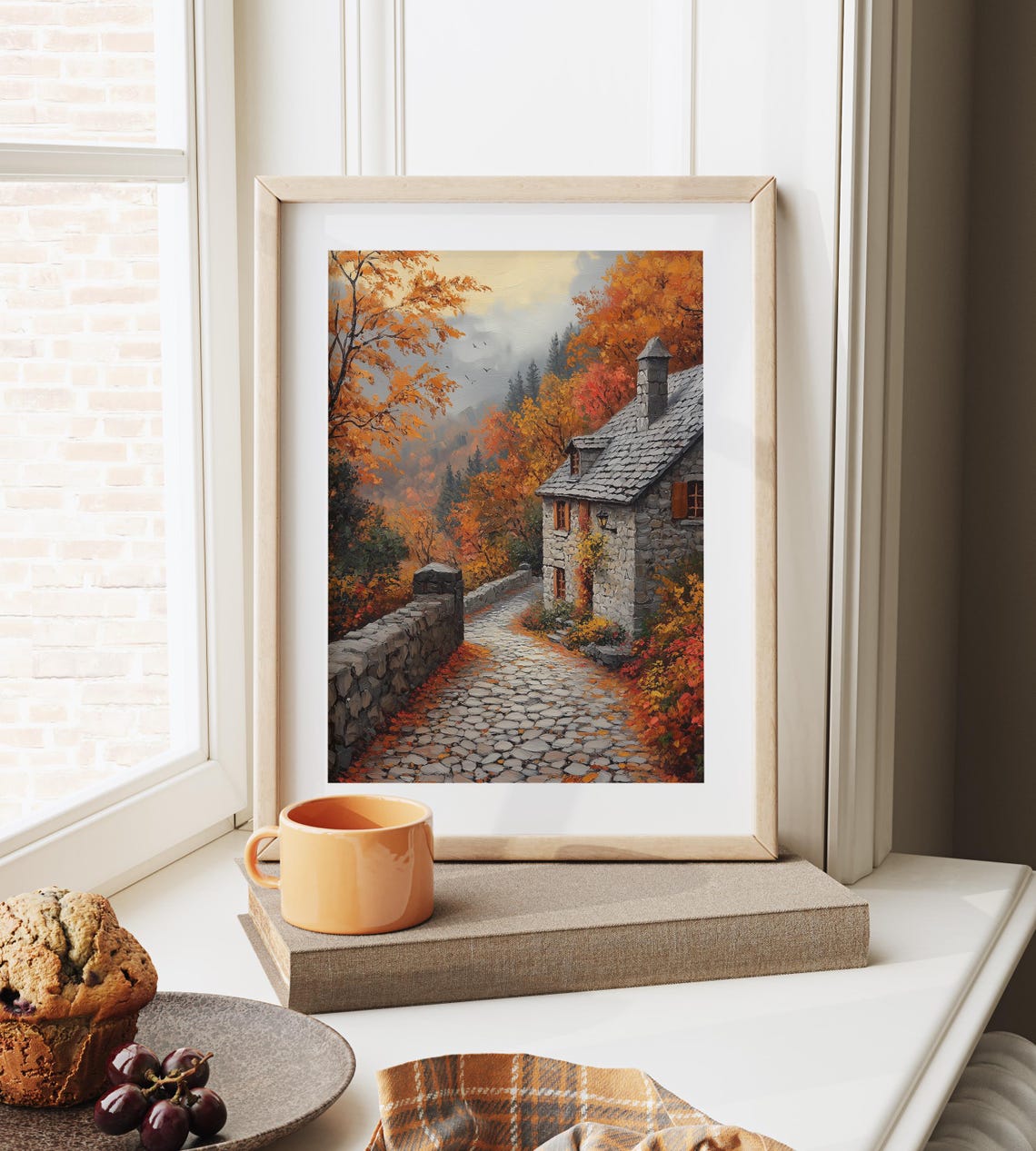 Stone Cottage Autumn Lane Cobblestone Misty Hills Slate Roof Poster - Image 6