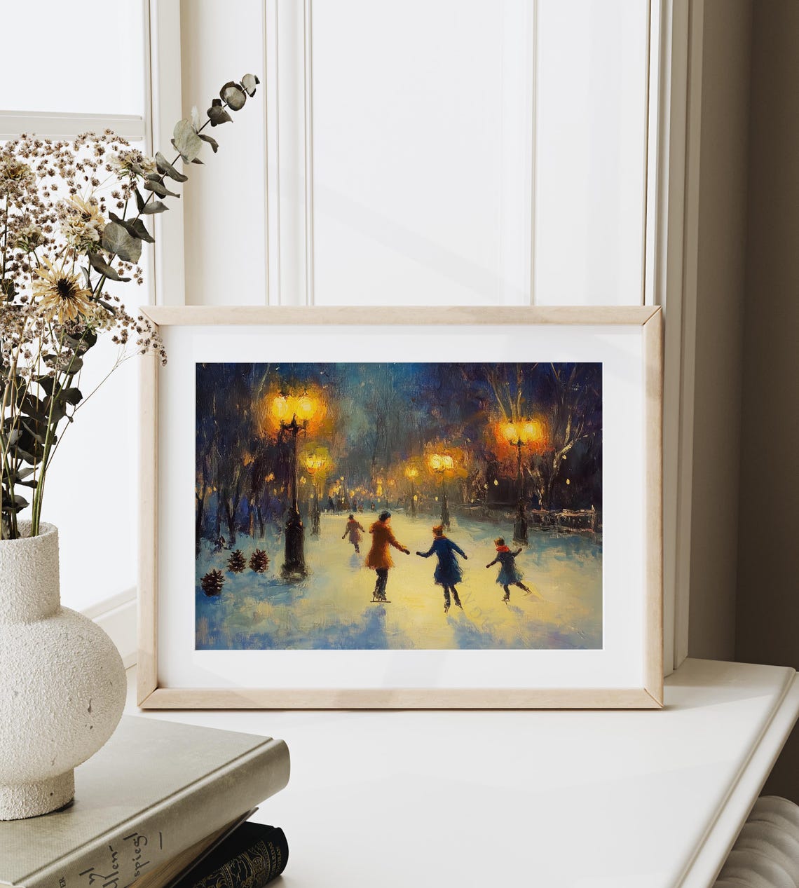 Evening Ice Skating Under Glowing Street Lamps Impressionist Poster - Image 6