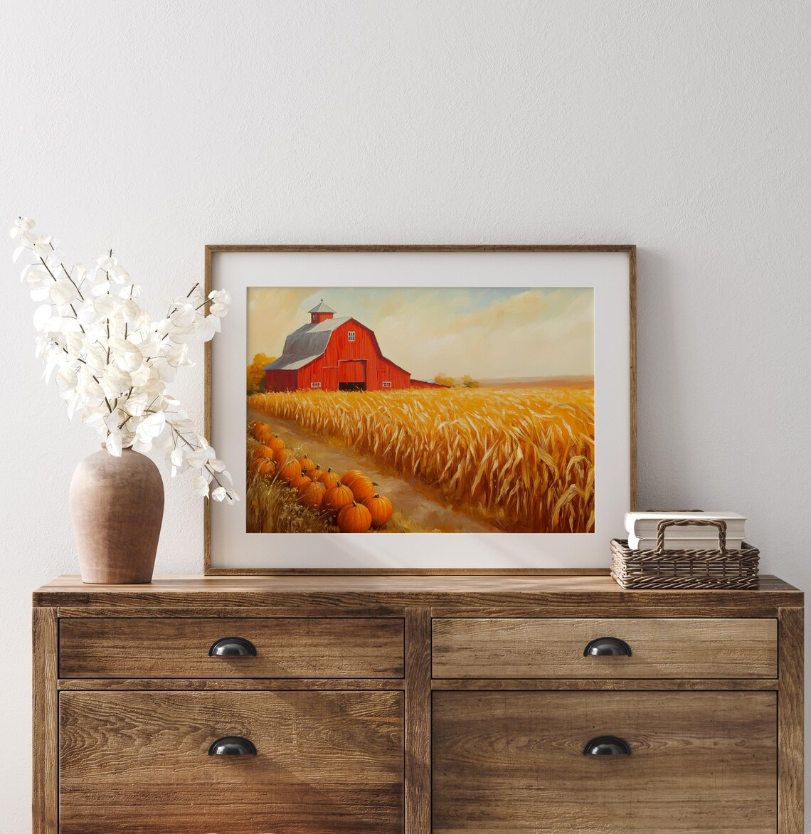 Red Barn Pumpkin Harvest Painting Golden Wheat Field Fall Decor Poster - Image 3